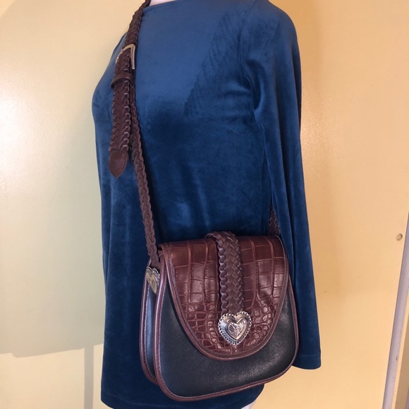 Brighton Handbags - Brighton Saddle Bag. Braided Strap. Silver Heart  accents.